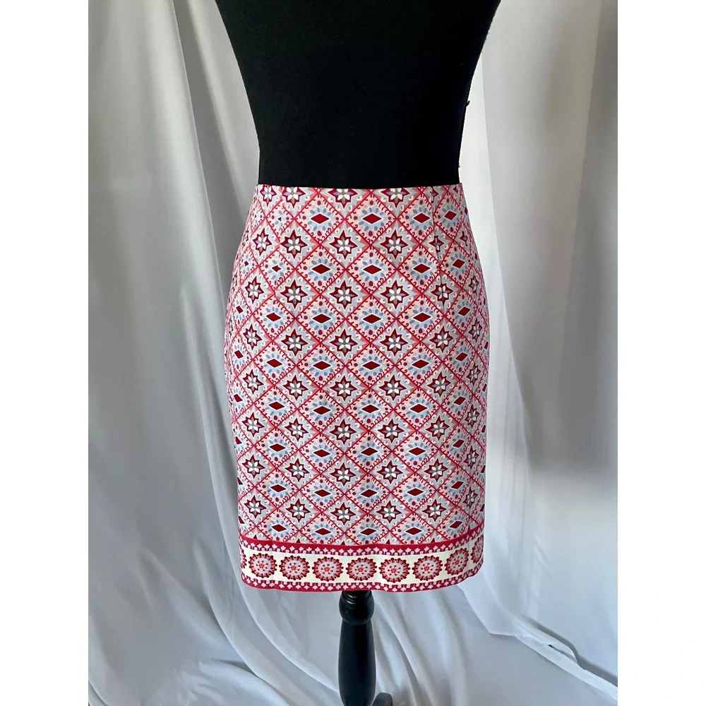 NEW Talbots Canvas Cotton A-Line Skirt Size 6P Red Blue Mediterranean Tile Print